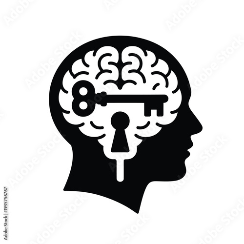 A silhouette head containing a brain with a key and keyhole
