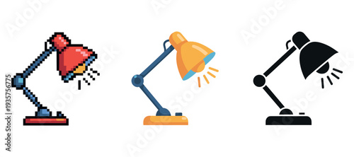 Colorful desk lamps in pixel art, cartoon, and silhouette styles on white background