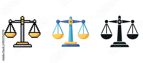 Diverse scale icons: pixel, flat, and silhouette designs of justice symbols