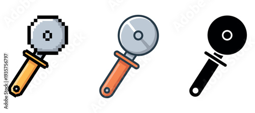 Pixelated, flat, and silhouette pizza cutters set on white background