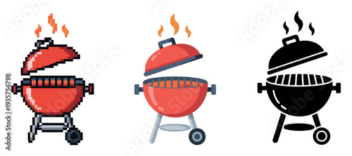 Three stylized barbecue grills: pixel art, flat design, and silhouette representations