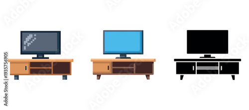 Three television set designs: colorful and silhouette variations on stands