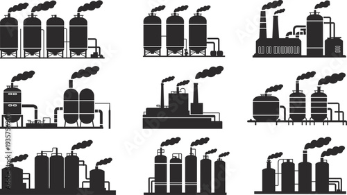 Nine black and white industrial factory with cylindrical tanks and smoke emissions cylinders