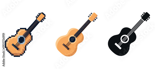 Three guitar styles: pixel art, flat design, silhouette on white background