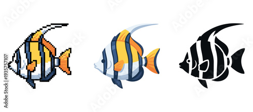 Free Download Pixelated and stylized tropical fish art: pixel, color, silhouette variations - GFXLoad