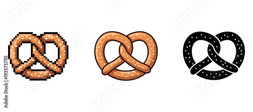 Three pretzel designs: pixelated, classic, and silhouette