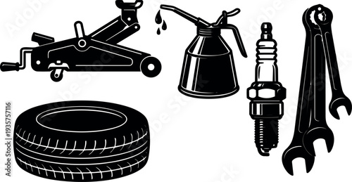 Flat vector silhouette automotive repair tool set including floor jack oil can spark plug tire wrenches arranged on white background