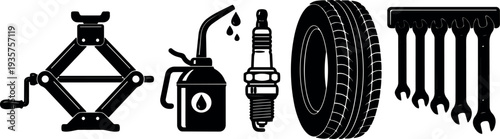 Flat design side view automotive maintenance icons jack oil can spark plug tire and wrench set in black vector simple