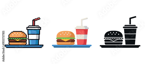 Pixel art fast food set with burgers and drinks in color and monochrome styles