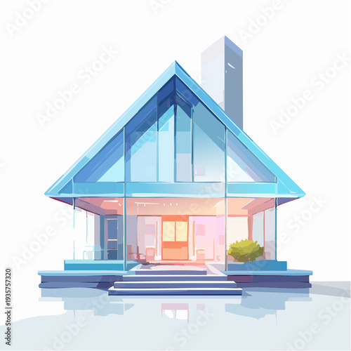 Sleek and luminous modern glass house with an A-frame structure, representing contemporary architecture and stylish transparent living