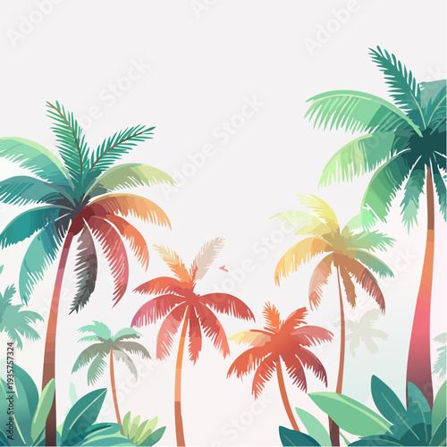 Vibrant tropical palm trees and lush foliage in a bright, airy composition