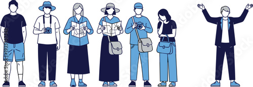 Flat people character set with tourists reading map, taking photos, standing poses, casual travelers collection, modern minimal vector illustration isolated on white background