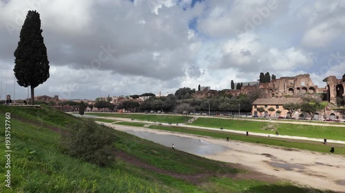 Panoramic View Of Circo Massimo And Palatine Hill In Rome Slow Motion