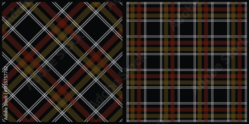 Plaid patterns with intersecting lines in brown, green, and white on black background