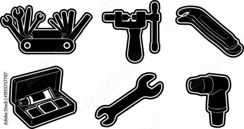 Flat design black tool icon set close up multitool wrench clamp pocket knife toolbox hand drill vector sticker sheet collection