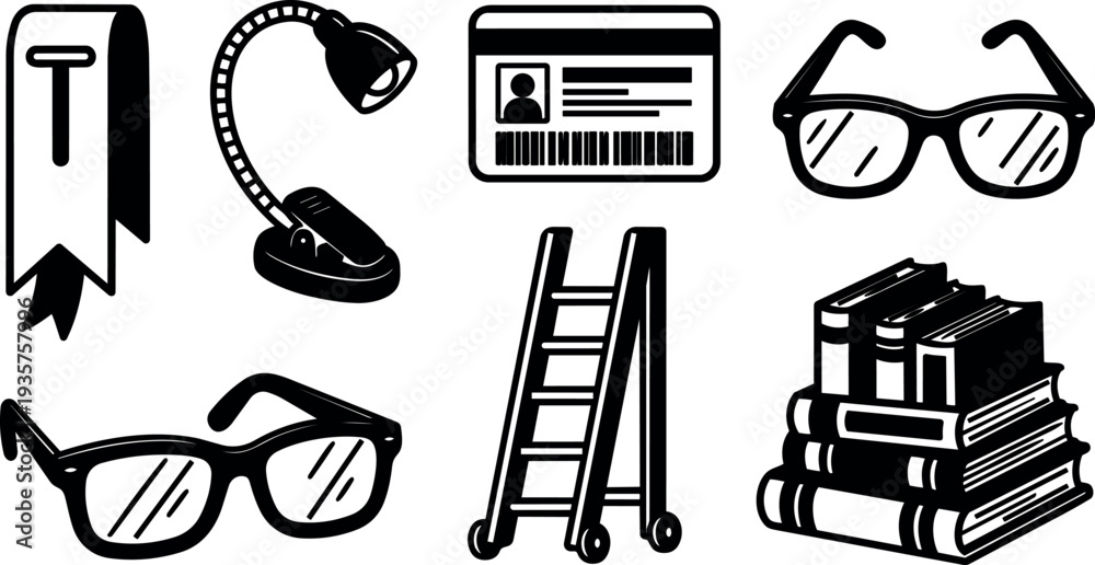 Fototapeta premium Line art hand drawn educational and office icon set with glasses ladder stack of books desk lamp id card bookmark