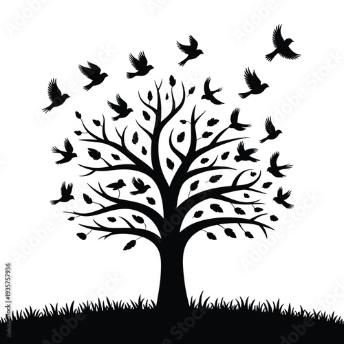 A silhouetted tree with numerous birds taking flight against a white background