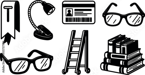 Line art hand drawn educational and office icon set with glasses ladder stack of books desk lamp id card bookmark