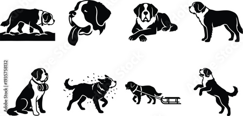 Collection of Saint Bernard dog silhouettes in various poses and actions