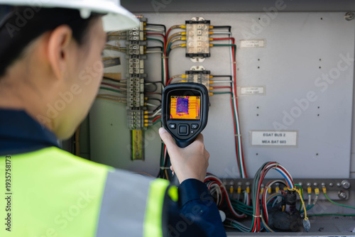 Cuadro en lienzo Electrician scanning terminal blocks with thermal camera inside electrical cabin