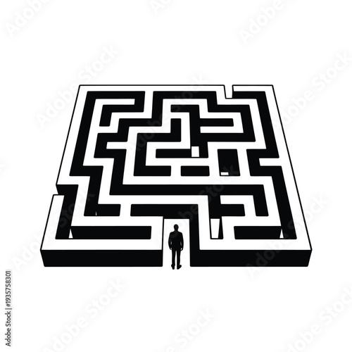 Isometric maze with a tiny figure standing at the entrance