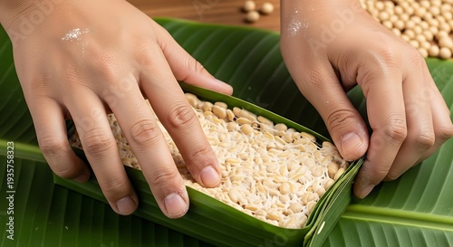 Preparing tempeh traditionally, using banana leaves for fermentation