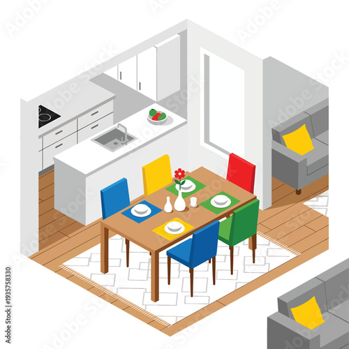 Isometric View of Modern Dining Table Setting.