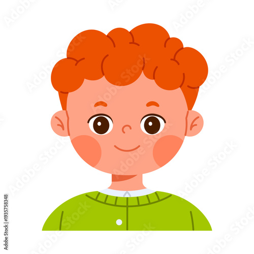 Cute happy redhead boy character smiling. Facial expression concept. Friendly child avatar with positive emotion. Isolated vector illustration in cartoon style