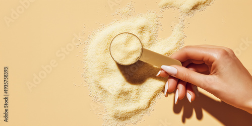 Wallpaper Mural Protein powder added minerals and vitamins, sports nutrition concept, top view measuring spoon filled with creamy vanilla protein supplement warm sand-colored matte surface, female hand holding spoon Torontodigital.ca