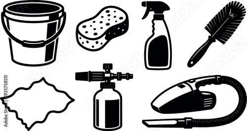 Flat design vector cleaning icons set close up assorted tools bucket sponge spray bottle brush cloth foam gun vacuum nozzle
