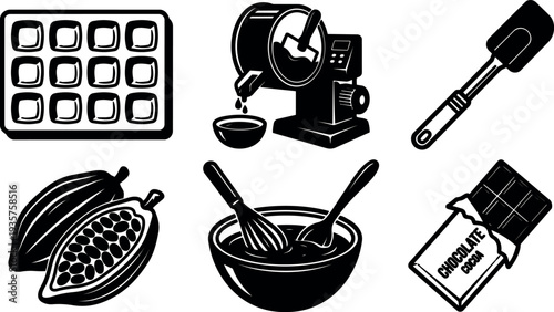 Minimalist icon set showing cocoa pods chocolate bar mixer mixing bowl whisk spatula silicone scraper candy mold black close up
