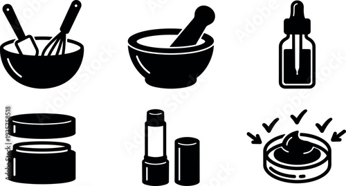 Flat design cosmetic product icons mixing bowl with whisk spatula mortar and pestle dropper bottle lipstick open jar cream set