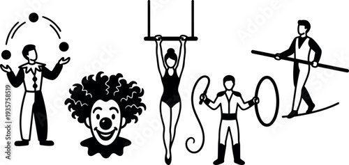 Flat design circus performers close up row of juggler clown trapeze acrobat hoop artist and tightrope walker in black silhouette
