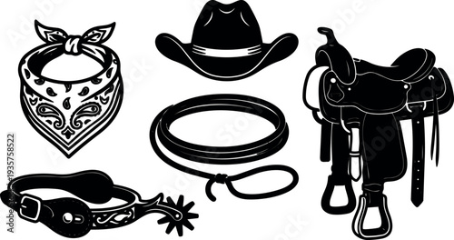 Flat vector western equipment set close up bandana cowboy hat coiled lasso leather saddle spur belt on white background illustration