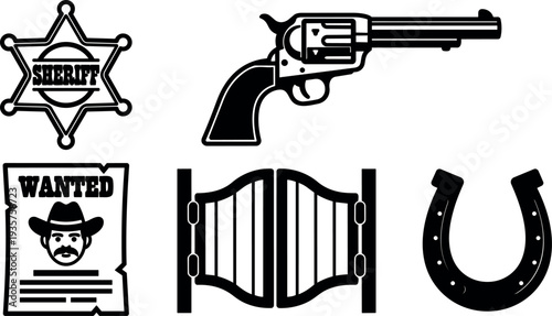 Flat design western icon set with revolver sheriff badge wanted poster saloon doors horseshoe cowboy hat monochrome vector art emblem