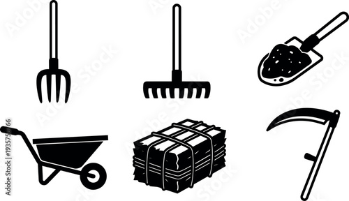 Flat icon set of garden tools showing pitchfork rake shovel wheelbarrow hay bale scythe in bold black silhouette isolated layout
