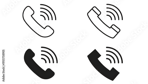 Handset icons with sound waves, call signal, communication, telephone receiver symbol, outlined and filled versions