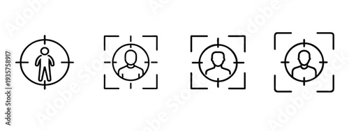Target audience and recruitment icon set featuring outline of person in crosshair for hiring headhunting focus and marketing goal and more vector illustration or editable stroke