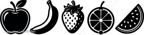Flat design black fruit icon set apple banana strawberry orange and watermelon slices arranged in a row simple vector minimalist