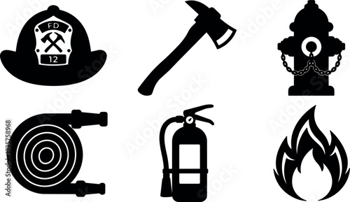 Flat design firefighter icons set helmet axe fire hydrant coiled hose fire extinguisher flame simple black silhouettes front view isolated