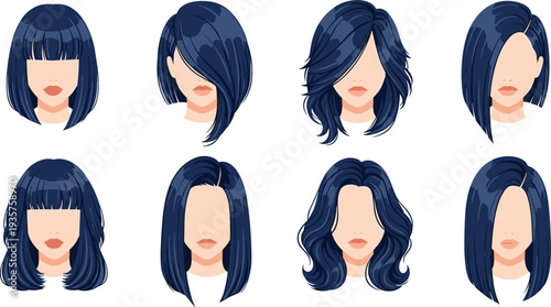 Collection of various women hairstyles and haircuts with blue hair color for beauty salon fashion and character design