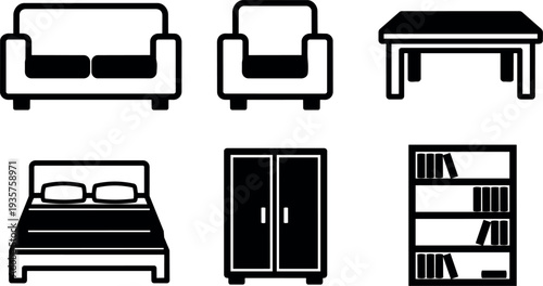 Flat design black outline furniture icons showing sofa armchair table bed wardrobe and bookshelf arranged in simple clean grid layout
