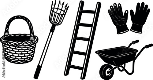 Silhouette vector garden tool set with woven basket fruit picker ladder gloves and wheelbarrow isolated black and white side view