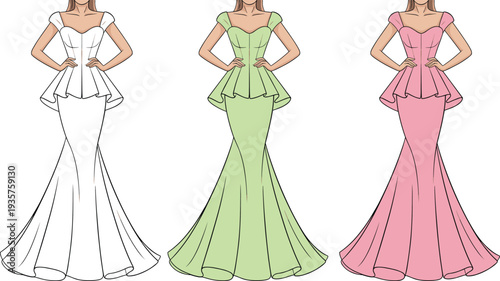 Three women wearing long dresses in white green and pink standing with hands on hips white dress green dress