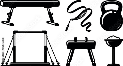 Flat design gymnastic equipment icons bench pommel horse jump rope kettlebell chalk cup parallel bars balance beam set silhouette vector