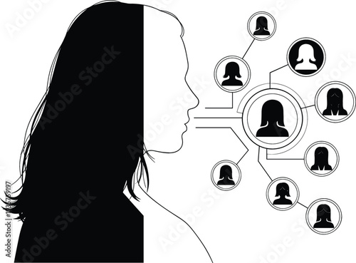 Concept vector illustration of a woman silhouette representing social networking digital communication and global community connection through icons
