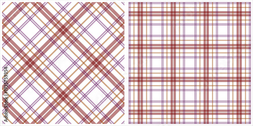 Plaid pattern with intersecting lines in shades of red, purple, and orange on white background