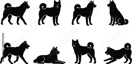 Collection of black silhouette illustrations of Shiba Inu dogs in various poses