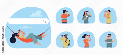 People searching and observing with binoculars – research and analysis concept. Flat style cartoon vector illustration.