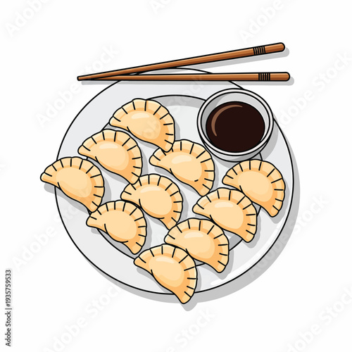 Dumplings on Plate with Soy Sauce.